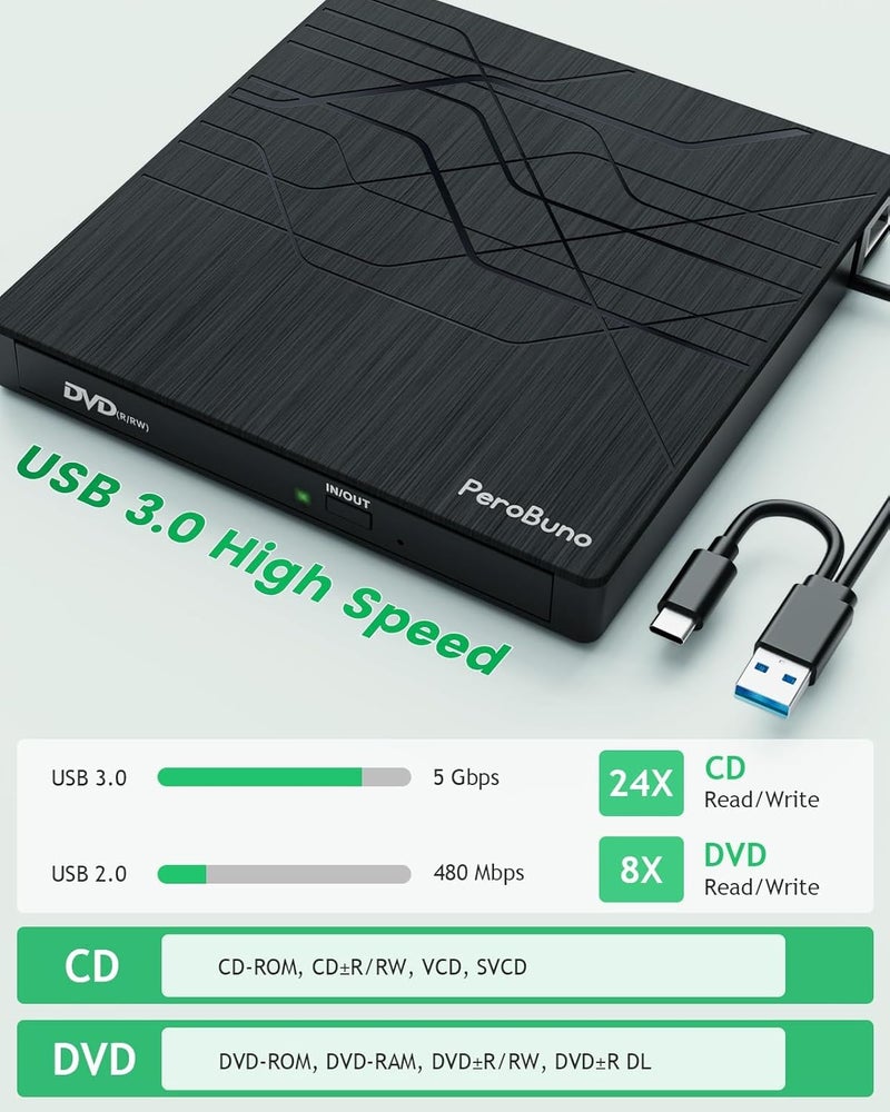 PeroBuno Super External CD DVD Drive, USB 3.0 DVD Burner with Ethernet Adapter, 3 USB and 2 TF/SD Card Ports, CD DVD Player Reader Writer Optical Disk Drive for Laptop MacBook PC Windows 11/10/8/7 Linux Mac OS - Image 4